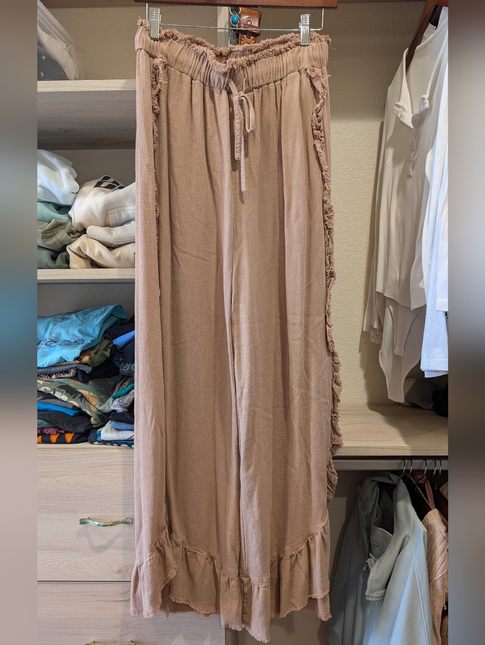 Easel Flowy Ruffle Boho Pants - Tan